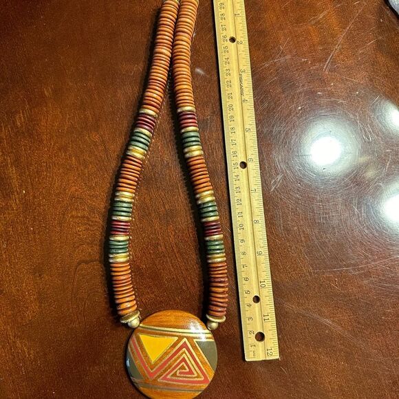 Vintage Wooden Statement stacked necklace with painted artistic design - Picture 7 of 7